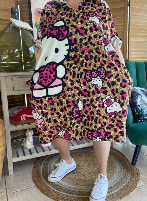 Robe chemise oversize léopard Gold et fuschia Hello Kitty du 42 au 52/54  