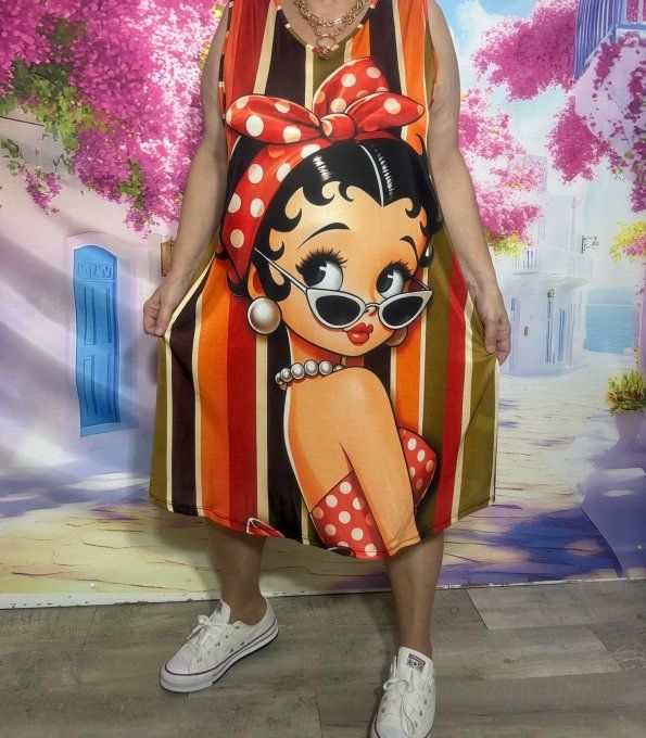 Robe trapèze débardeur lycra rayé Kaki orange choco Betty Boop du 38 au 48/50