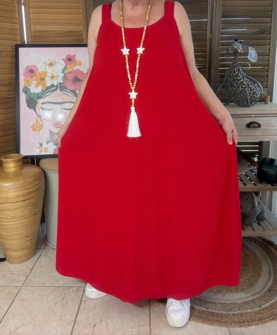 Robe trapèze longue à bretelles larges rouge côtelée du 40 au au 52/54 