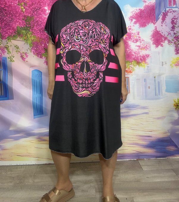 Robe droite oversize ou maxi-tunique lycra noire Flowers Skulls TDM du 40 au 52