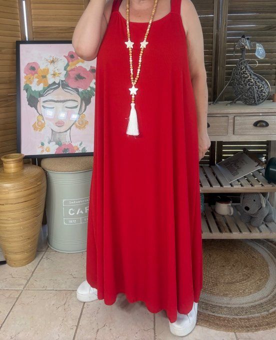 Robe trapèze longue à bretelles larges rouge côtelée du 40 au au 52/54 