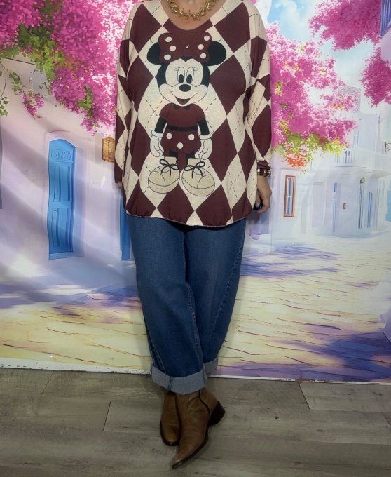Tee-shirt oversize manches longues crème Losanges Argyle Bordeaux Minnie douceur +++ du 40 au 52/54