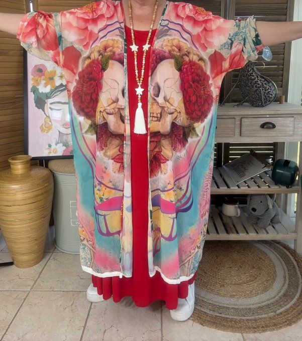 Kimono long voile multicolore Duo Skeleton in Love du 40 au 50/52 et même + 