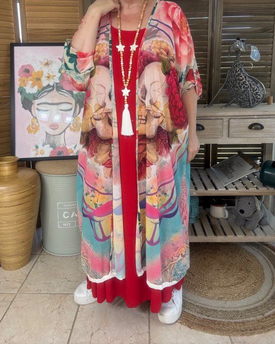Kimono long voile multicolore Duo Skeleton in Love du 40 au 50/52 et même + 