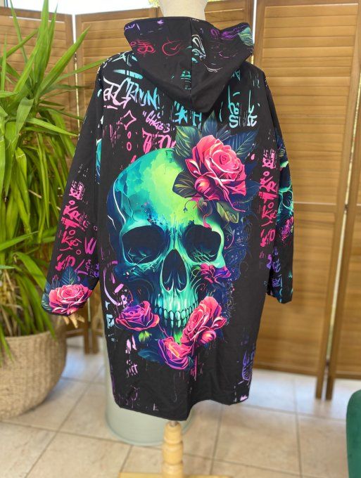 Coupe-vent à capuche déperlant noir Mexican Skulls du 38 au 50/52 et même + si porté ouvert