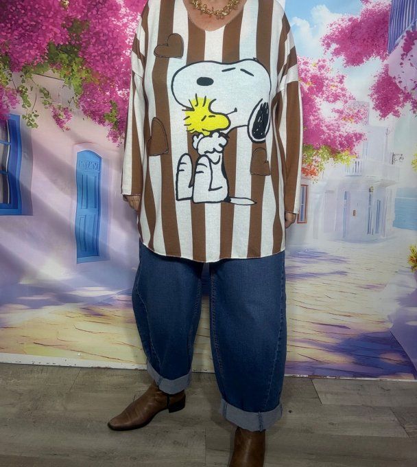 Tee-shirt oversize manches longues crème rayures caramel Snoopy in Love douceur +++ du 40 au 52/54