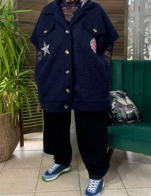 Blouson sans manches marine Patchs Léopard Rolling Stones du 40 au 52 et même + 