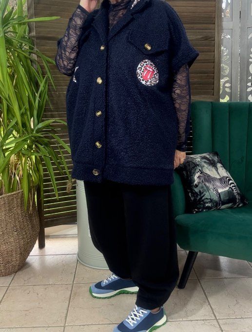 Blouson sans manches marine Patchs Léopard Rolling Stones du 40 au 52 et même + 