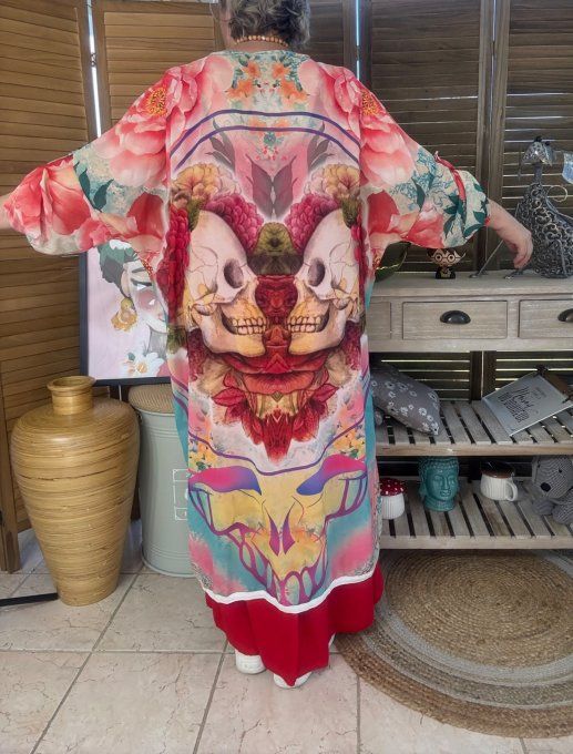 Kimono long voile multicolore Duo Skeleton in Love du 40 au 50/52 et même + 