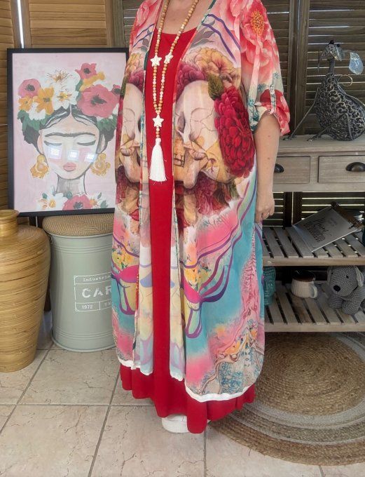 Kimono long voile multicolore Duo Skeleton in Love du 40 au 50/52 et même + 