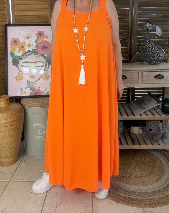 Robe trapèze longue à bretelles larges orange côtelée du 40 au au 52/54  
