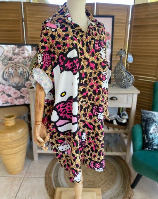 Robe chemise oversize léopard Gold et fuschia Hello Kitty du 42 au 52/54  