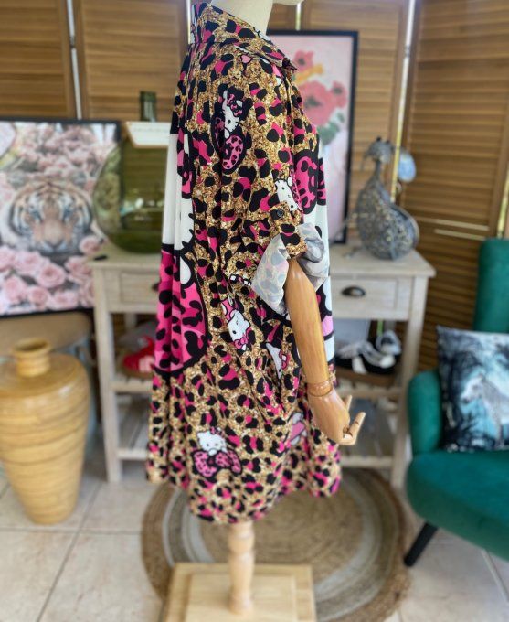 Robe chemise oversize léopard Gold et fuschia Hello Kitty du 42 au 52/54  
