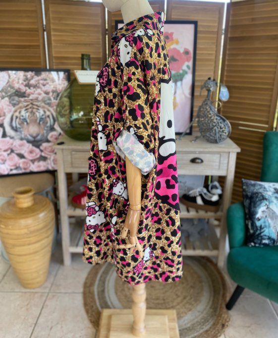 Robe chemise oversize léopard Gold et fuschia Hello Kitty du 42 au 52/54  