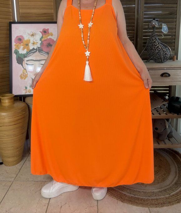 Robe trapèze longue à bretelles larges orange côtelée du 40 au au 52/54  