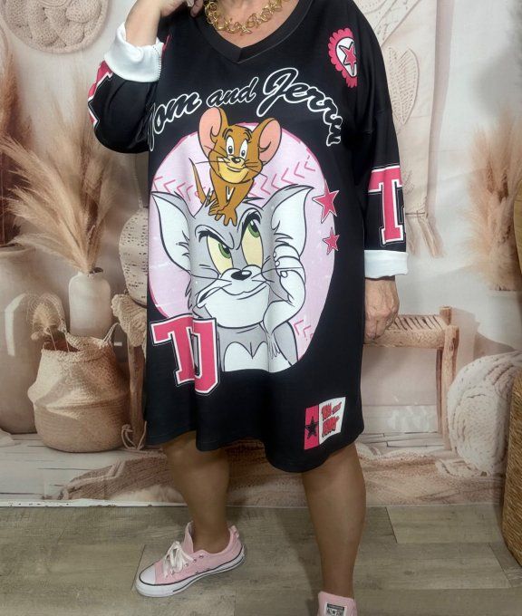 Robe ample noire fuschia Tom  & Jerry Hanna Barbera Vintage du 42 au 52/54