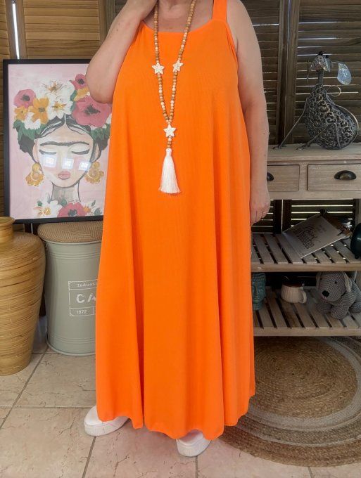 Robe trapèze longue à bretelles larges orange côtelée du 40 au au 52/54  