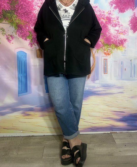 Gilet à capuche asymétrique ample sweat noir douceur +++ du 40 au 50 et même +