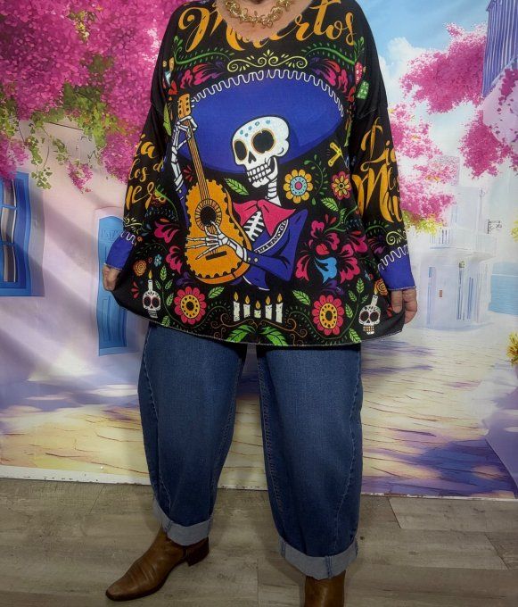 Tee-shirt oversize manches longues noir Dia de los Muertos Mexican Calaveras douceur +++ du 40 au 52