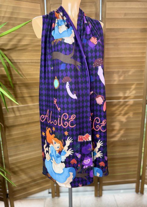 Grande écharpe sans laine double épaisseur 2 faces Alice au Pays des Merveilles douceur ++