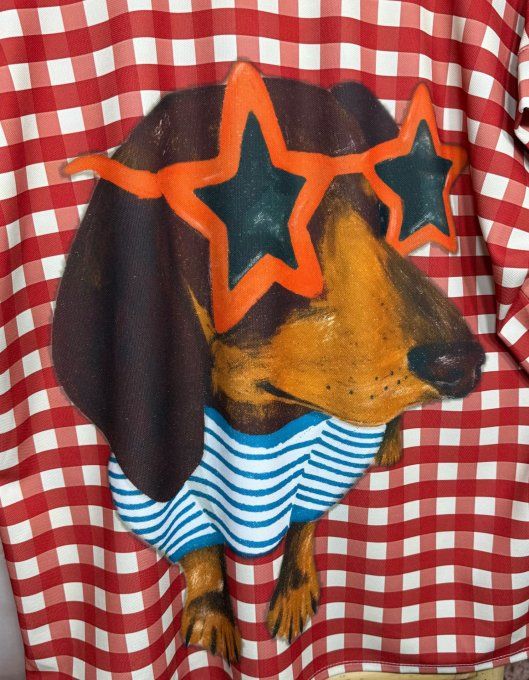 Polo ample maille piquée carreaux rouge-orangé Mon Teckel à lunettes qualité ++++ du 38 au 50 