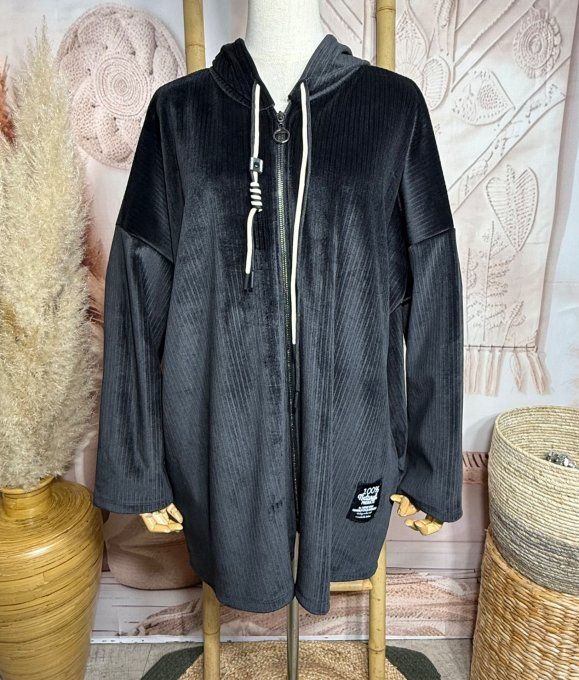 Gilet à capuche velours rayé noir doublé confort ++++ du 40 au 52 