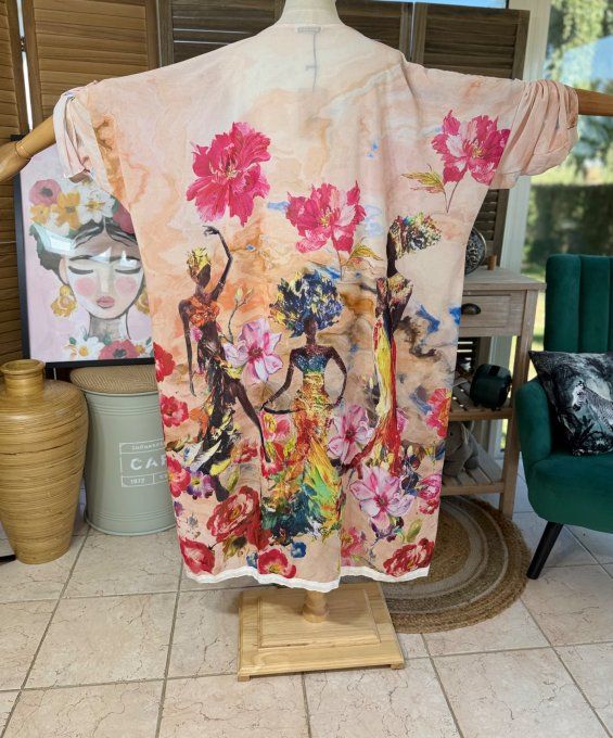 Kimono long voile multicolore African Women Village du 40 au 50/52 et même +   