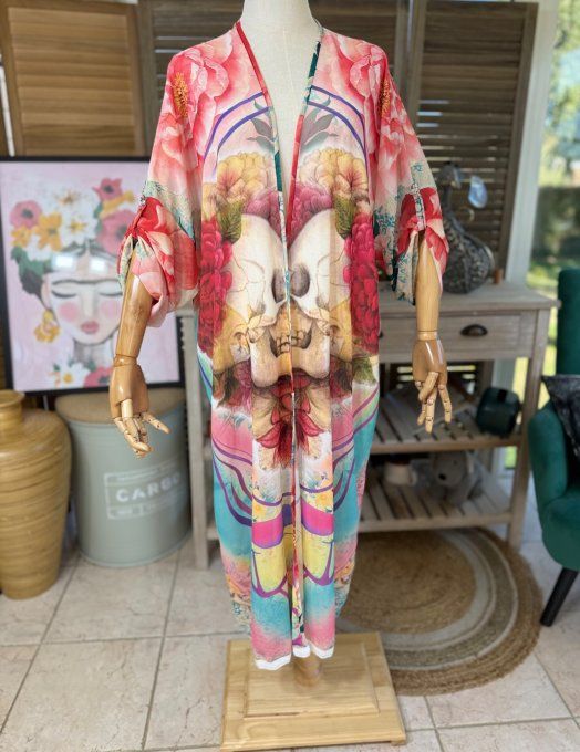 Kimono long voile multicolore Duo Skeleton in Love du 40 au 50/52 et même + 