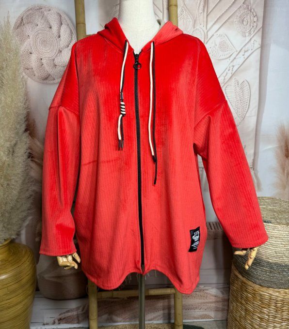 Gilet à capuche velours rayé rouge doublé confort ++++ du 40 au 52