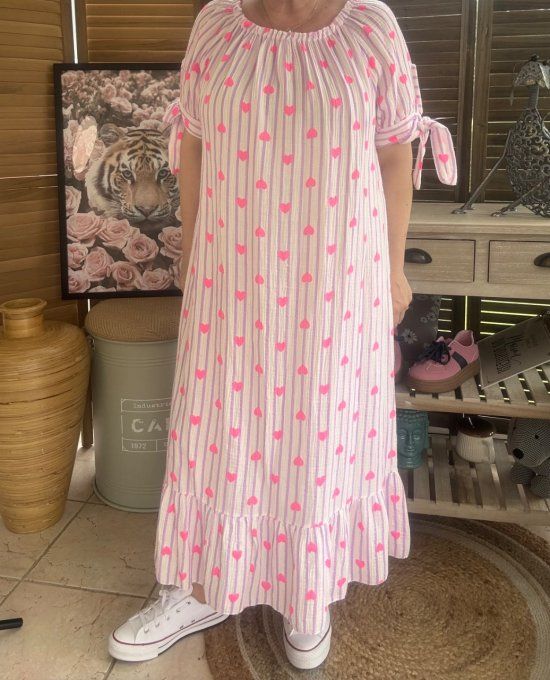 Robe longue gaze de coton écru rayé Lilas parme coeurs rose fluo du 40 au 50 