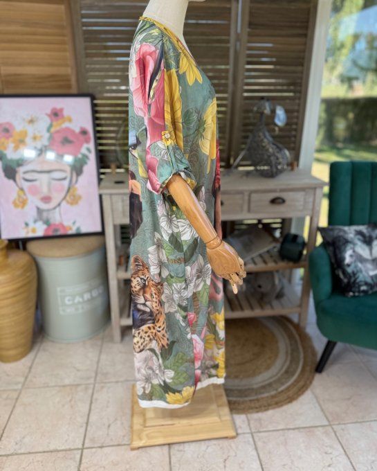 Kimono long voile kaki clair Frida Kahlo Savana Spirit du 40 au 50/52 et même +  