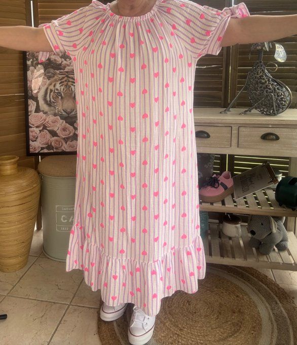 Robe longue gaze de coton écru rayé Lilas parme coeurs rose fluo du 40 au 50 