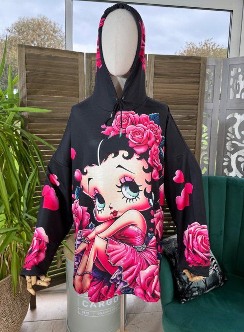Sweat fin à capuche long noir Betty Boop aux roses roses du 40 au 52/54  