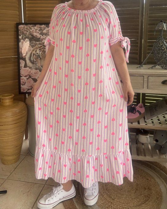 Robe longue gaze de coton écru rayé Lilas parme coeurs rose fluo du 40 au 50 
