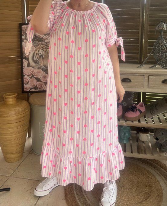 Robe longue gaze de coton écru rayé Lilas parme coeurs rose fluo du 40 au 50 