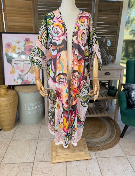 Kimono long voile multicolore Frida Kahlo Street Art du 40 au 50/52 et même + 