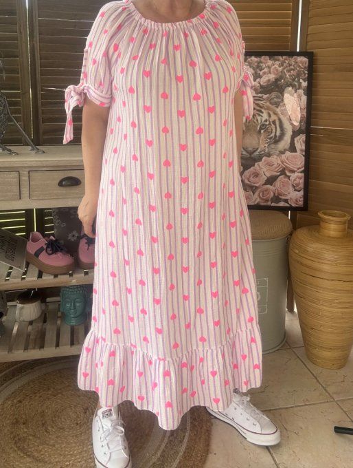 Robe longue gaze de coton écru rayé Lilas parme coeurs rose fluo du 40 au 50 