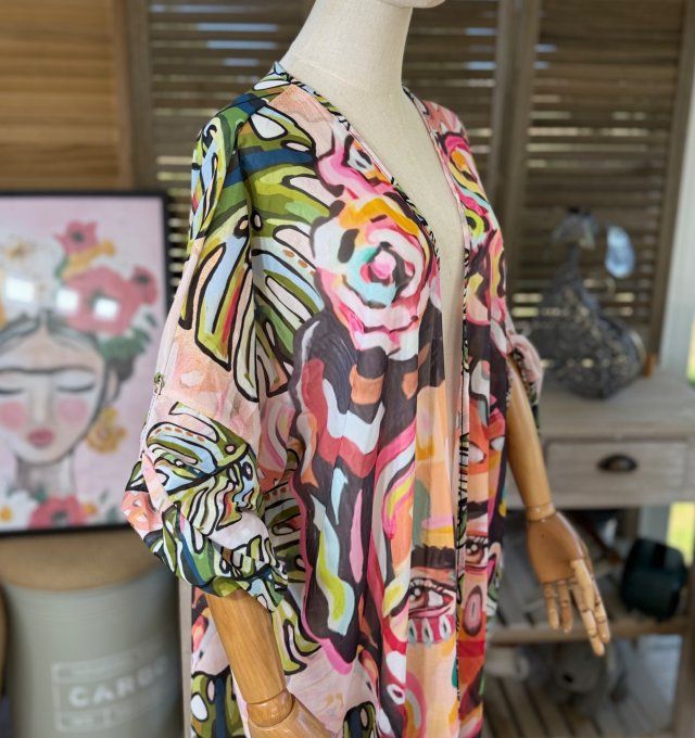 Kimono long voile multicolore Frida Kahlo Street Art du 40 au 50/52 et même + 