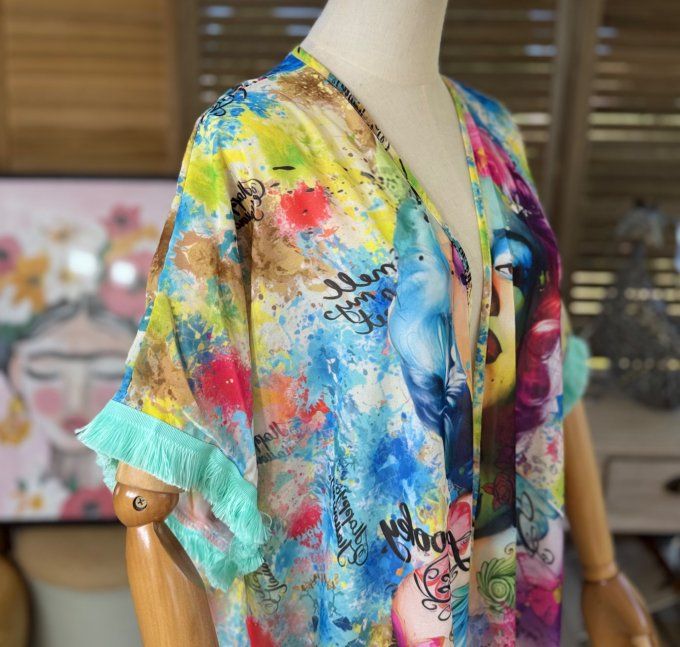 Kimono court voile multicolore Marylin Monroe Street Art Painting du 40 au 50/52 et même +  
