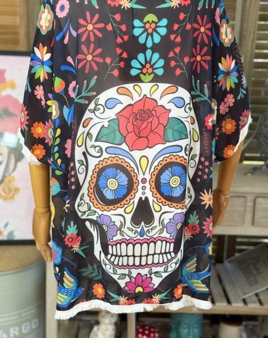 Kimono court voile noir Mexican Skulls Calavera du 40 au 50/52 et même +  