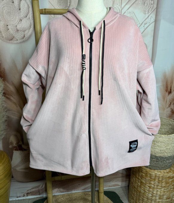 Gilet à capuche velours rayé rose poudré doublé confort ++++ du 40 au 52 