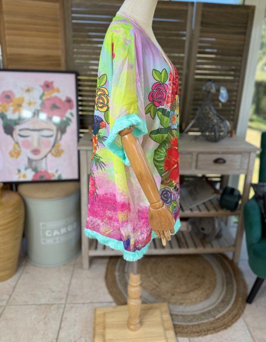 Kimono court voile multicolore Frida Kahlo Rebel & Skulls du 40 au 50/52 et même + 