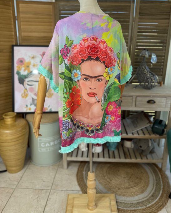 Kimono court voile multicolore Frida Kahlo Rebel & Skulls du 40 au 50/52 et même + 