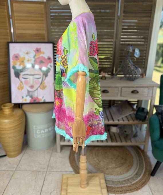 Kimono court voile multicolore Frida Kahlo Rebel & Skulls du 40 au 50/52 et même + 