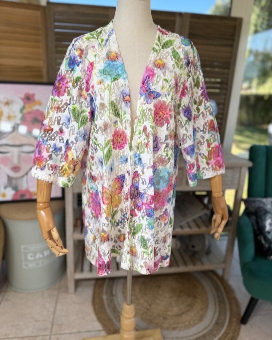 Veste en dentelle blanche étoiles & Fleurs multicolores Frida Kahlo du 36 au 48 et même +  