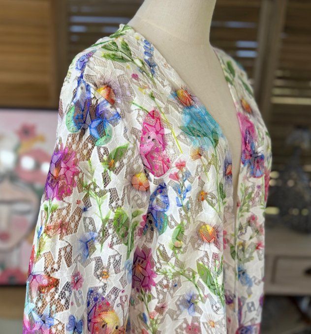 Veste en dentelle blanche étoiles & Fleurs multicolores Frida Kahlo du 36 au 48 et même +  