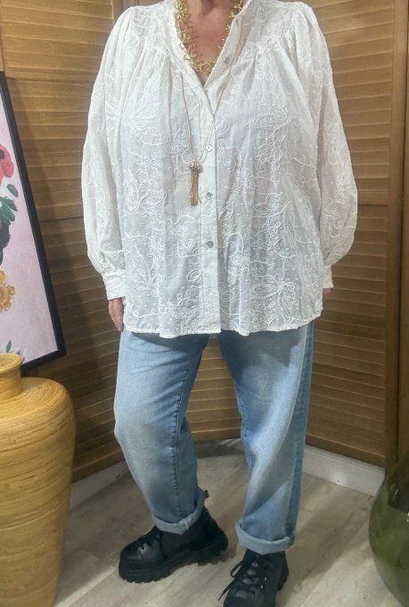 Chemise écrue ample broderie anglaise Fleurs Arabesques du 40 au 52 