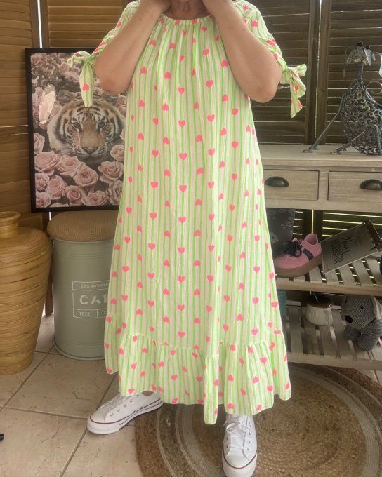 Robe longue gaze de coton écru rayé vert fluo coeurs rose fluo du 40 au 50 