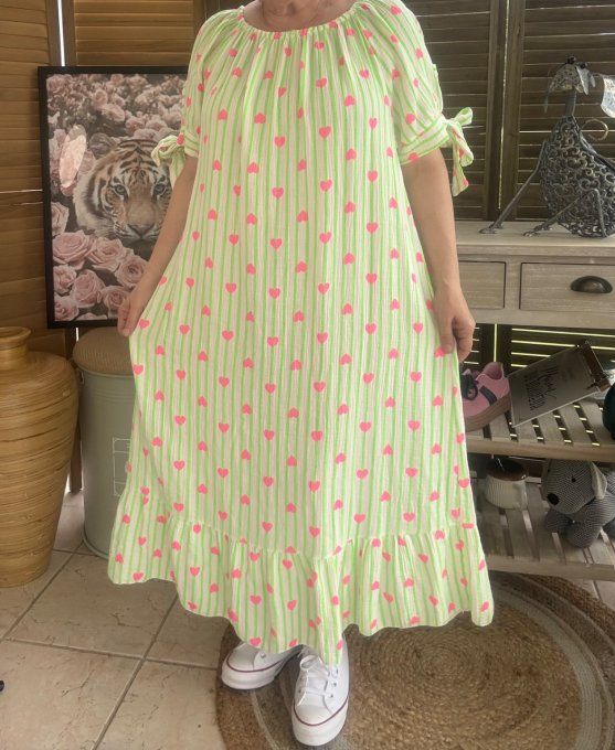 Robe longue gaze de coton écru rayé vert fluo coeurs rose fluo du 40 au 50 