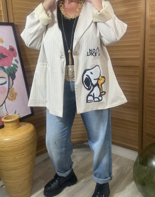 Veste blazer ample crème rayée Snoopy du 42 au 52 et même + si portée ouverte